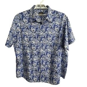 Cremieux Premium Denim Blue White Paisley S/S Button Up Shirt Sz 2XT Big‎ & Tall